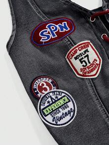 ROMWE Avant Women's Y2K Retro Jersey Sports Ballet Style Graphic Logo Embroidered Lace-Up Low Waist Sexy Cropped Denim Top - Black - View 3