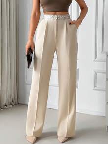 EURMUSE 米色刺绣高腰直筒裤，套穿式设计，饰有精美刺绣腰带，弹性舒适腰带，裤型挺括，九分裤长，轻盈透气面料，抗皱，适合办公室工作服和商务休闲场合，春夏衣橱必备单品，简约时尚，中性米色，易于打理，合身舒适，可系腰带，尺码齐全，适合大码和娇小身材，休闲波西米亚风 - 米色 - 查看 4