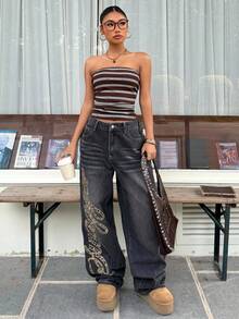 Muchica 女士条纹针织抽绳抹胸上衣 - 棕色 - 查看 6