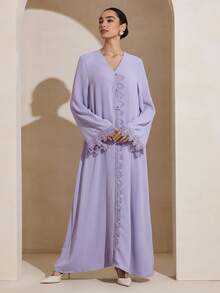 Graceveil Women's Solid Color Minimalist Long Sleeve Abaya Dress, Everyday Wear - Purple - View 3