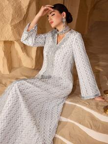 Layrah Elegant Silver Embroidered Long Sleeve Loose Luxury Minimalist Dress - White - View 4