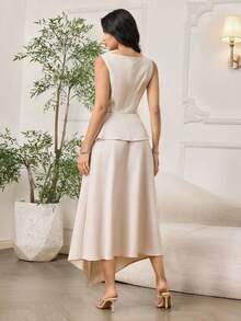 Modelyn Women's Elegant Ruffle Trim Sleeveless Top And Slit Hem Midi Skirt 2 Pieces Set, Suitable For Dates And Parties