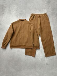 STYNVO Men's Simple Print Long Sleeve Jacket And Pants Set - Brown - View 2