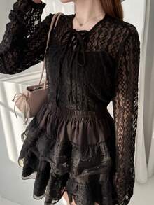 FRIFUL Áo nữ dài tay cổ tròn, chéo phía trước, ôm sát, chất liệu dày dặn. - màu đen - Xem 1