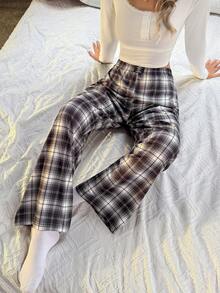 Dream Adore Women's Casual Plaid Print Elastic Waist Loose Straight Leg Pajama Pants Plaid Pants Pj Pants Plaid Pj Pants Checkered Pajamas - Multicolor - View 4