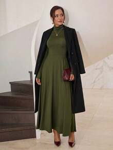 Modelyn Women's Casual Solid Color Turtleneck Long Sleeve Top Dress - Green - View 1