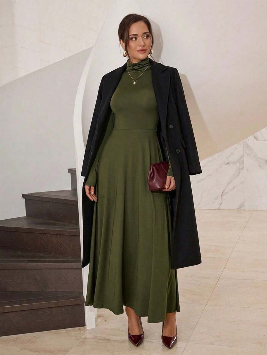 Modelyn Women's Casual Solid Color Turtleneck Long Sleeve Top Dress - Green - View 1