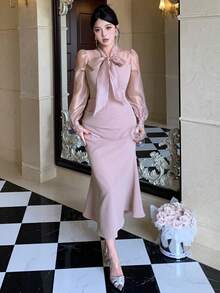 DAZY 女士优雅拼接系领泡泡袖褶裥中长连衣裙，秋冬款