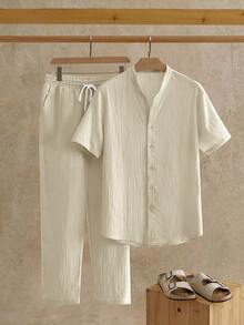 HIMLAND 男士休闲V领短袖梭织衬衫套装（2件/套） - 杏色 - 查看 1