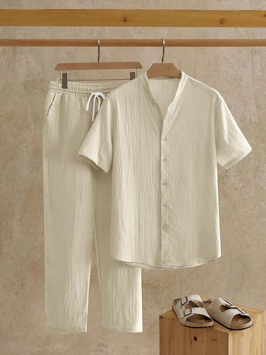 HIMLAND 男士休闲V领短袖梭织衬衫套装（2件/套） - 杏色 - 查看 1