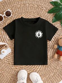 SHEIN Áo thun cổ tròn tay ngắn họa tiết tối giản giản dị cho bé gái, phù hợp cho mùa hè - màu đen - Xem 4