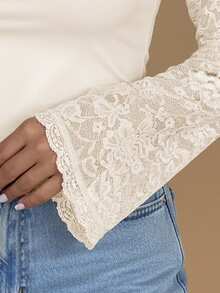 SHEIN BAE 大码女式蕾丝拼接露背系带袖口时尚百搭派对长袖上衣 - 杏色 - 查看 6