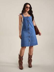 SHEIN Tall Đầm liền quần denim nữ màu trơn, cài một hàng cúc, hai túi, kiểu dáng thường ngày. - Màu xanh lam - Xem 3