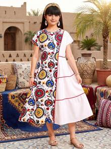 SHEIN 少女宽松休闲撞色拼接圆领连衣裙，适合旅行、度假、乡村风、休闲度假、波西米亚风等场合。 - 彩色 - 查看 4