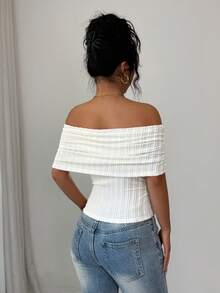 Rafferiza Women's Off-Shoulder Ruffle Asymmetric Hem Fitted T-Shirt, Spring/Summer - Apricot - View 2