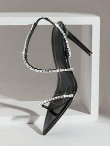 SHUZIA Women's Patent PU Sexy Point Toe Rhinestone Back Strap Stiletto Heel Sandals - Black - View 6