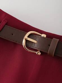 SHEIN Franclia [Niche Elegance]Black One-Shoulder Asymmetric Ruched Slim Tank Top + Wine Red Regular-Waisted Slim A-Line Skort (With Brown Vintage Belt) Fashion Ensemble For Women, Chic Outfit For Summer/Spring & Autumn, A Figure-Flattering Two Pieces Set To Elevate Your Temperament Red And Black Outfit Women Short Outfits Red Dress Short Belt Skirt Red And Black Dress - Multicolor - View 6