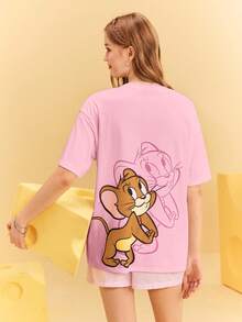 TOM & JERRY X SHEIN Women's Casual Cartoon Pattern Round Neck Short Sleeve T-Shirt, Summer - Pink - View 3