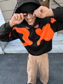 SWAVVY 男士印花落肩长袖休闲口袋宽松连帽衫 - 黑色 - 查看 6