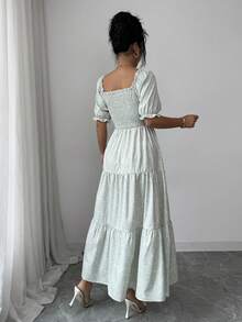 Elenzga Women's Elegant Ditsy Floral Square Neck Puff Sleeve Ruched Waist Layered A-Line Dress, Spring/Summer - Green - View 2