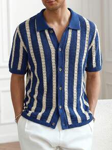 Manfinity CityGents Men's Striped Single-Breasted Casual Everyday Commute Knit Short Sleeve Top Mens Beach Shirt Mens Blue And White Shirt Men Crochet Shirt Cuban Shirt Men Knitted Men Shirt Men Blue And White Shirt - Multicolor - View 2