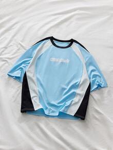 AXEPEAK Men's Casual Colorblock Letter Graphic Round Neck Short Sleeve T-Shirt, Summer - Baby Blue - View 4
