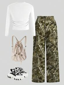 Sparklyn 2pcs/Set Girls Camo Pants And Bow Print Long Sleeve Top, Outfit Set