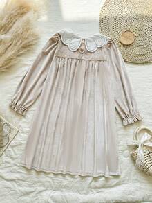 Vintaside Kids Girls' Spring/Autumn Lace Collar Long Sleeve Elegant & Simple Dress, Suitable For Parties, Travel, Vacation, Or Casual Daily Wear - Khaki - View 2