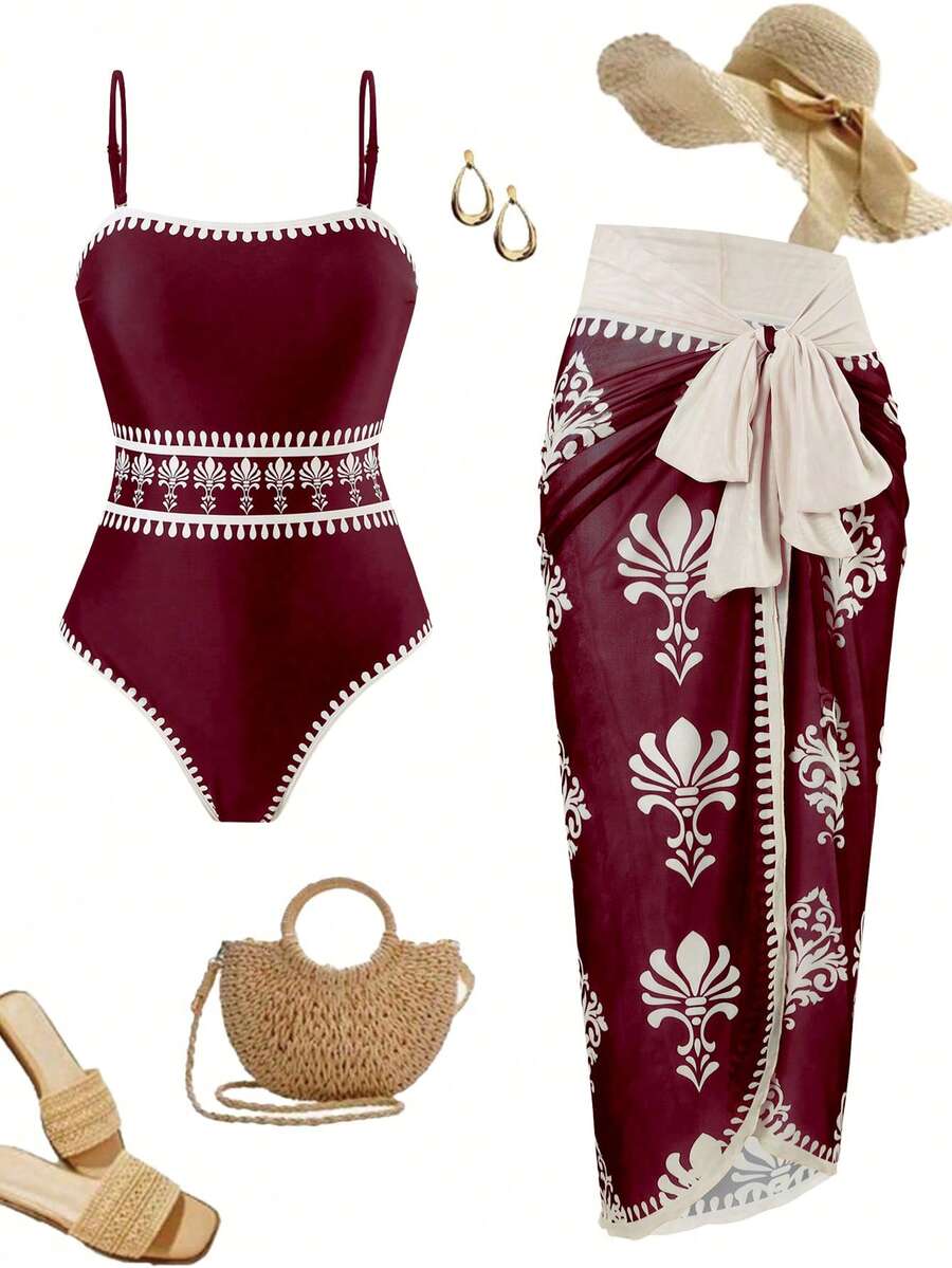 Swim Oasis Bộ đồ bơi hai mảnh in hoa dây mảnh dành cho nữ năm 2025, kèm váy maxi lưới, thích hợp cho kỳ nghỉ hè ở bãi biển. - Màu Đỏ Sâu - Xem 1