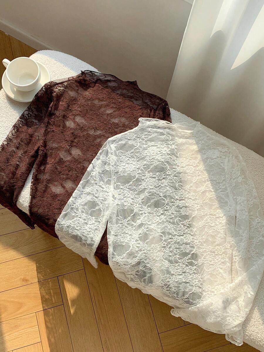 Comfortcana Women's Fashion Casual Knit Lace Mesh 2 Pieces Set Lace Long Sleeve Lace Tops Lace Blouse Lace Shirts Lace Undershirt Lace Jersey Lace Undershirt Long Sleeve - Brown - View 1