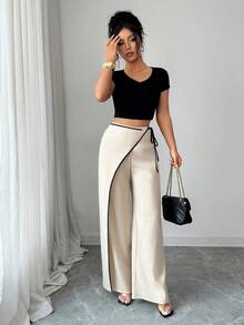 SHEIN Elenzya Quần tây ống rộng phối màu mơ thanh lịch dành cho nữ. - Màu Khaki - Xem 5