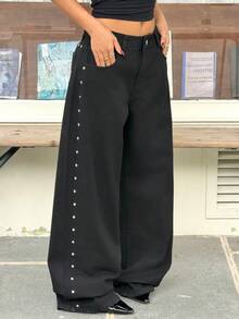 Muchica 女士黑色水洗铆钉装饰星形印花宽松牛仔裤，适合外出、街头、颓废朋克风，Y2K风格 - 黑色 - 查看 2