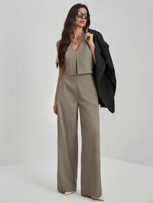 SHEIN Tall 办公室女士V领露背无袖上衣+阔腿裤，修身显瘦套装 - 灰色 - 查看 7