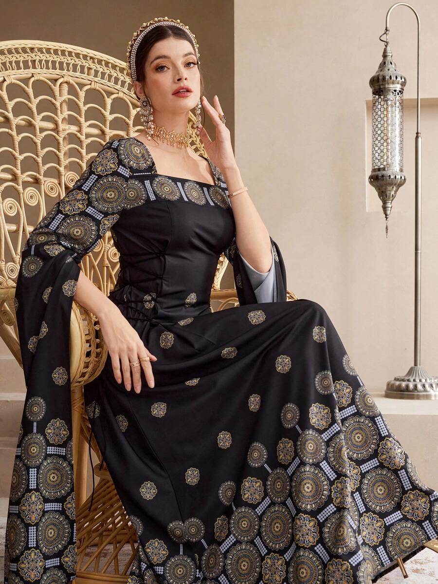 Al Najma Modest Women's Floral Pattern Square Neck Extra Long Sleeve Waist Tie Design Elegant Arabic Dress - Black - View 1