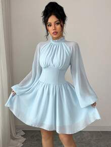 Modelyn 女士立领灯笼袖短款喇叭连衣裙 - 藍色 - 查看 5
