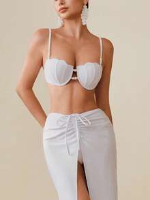 Swim Oasis 3pcs/Set Summer Vacation Sexy Pearl Shell Bikini Set With Spaghetti Straps & Front/Middle Slit Drawstring Maxi Dress - White - View 2