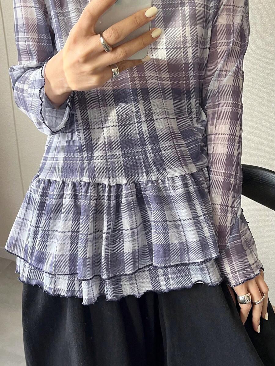 FRIFUL Women's Plaid Round Neck Long Sleeve Ruffle Hem Casual Loose Blouse