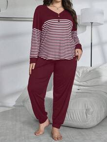 SHEIN 大码休闲撞色条纹装饰纽扣舒适套头衫和裤子睡衣套装，舒适优雅的细节设计，秋冬服装 - 酒紅色 - 查看 3