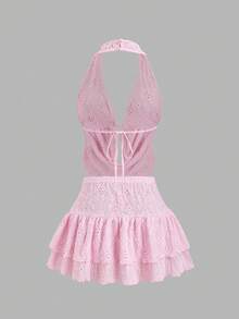 SHEIN Sweetro 时尚性感深V领A字层叠裙套装，露背美式提花面料，尽显女性性感魅力 - 粉色 - 查看 3
