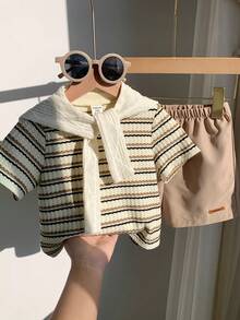 SHEIN 3件套婴儿男女童夏季卡其条纹斗篷，卡其休闲短裤套装，适合生日派对、锐舞派对、晚宴、演出、婚礼、迎婴派对、一周岁生日庆祝活动 - 彩色 - 查看 6