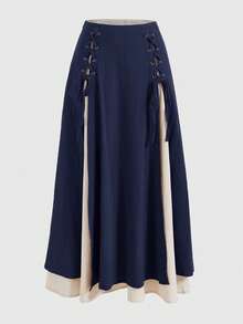 ROMWE Fairycore Women's Country Lace-Up Color Block Elegant Multi-Layer Skirt - Navy Blue - View 4