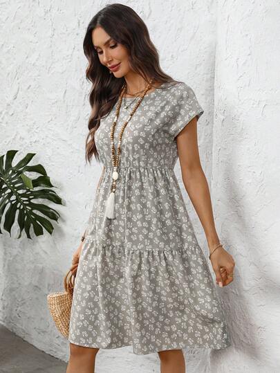 EMERY ROSE Women's Summer Geometric Pattern Print Round Neck Short-Sleeve Dress Casual Dresses For Women Boho  Vacation Dresses  Vacation Outfits For Women Holiday Outfits