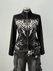 Sunspun 大码女式修身立领复古前卫朋克风印花水钻装饰前拉链夹克卫衣，秋冬款 - 黑色 - 查看 6