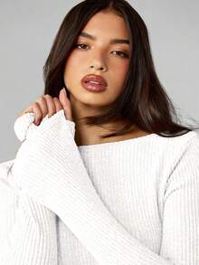 MISSGUIDED Long Sleeve Knitted Mini Dress Off Shoulder Bodycon Ribbed Sweater Dress Fall Winter Cozy Pullover - White - View 3