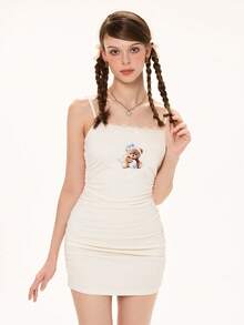 ROMWE Kawaii 2pcs/Set Cute Bear Casual Cardigan Jacket Paired With Sexy Lace Splice Mini Dress For Women - Apricot - View 6