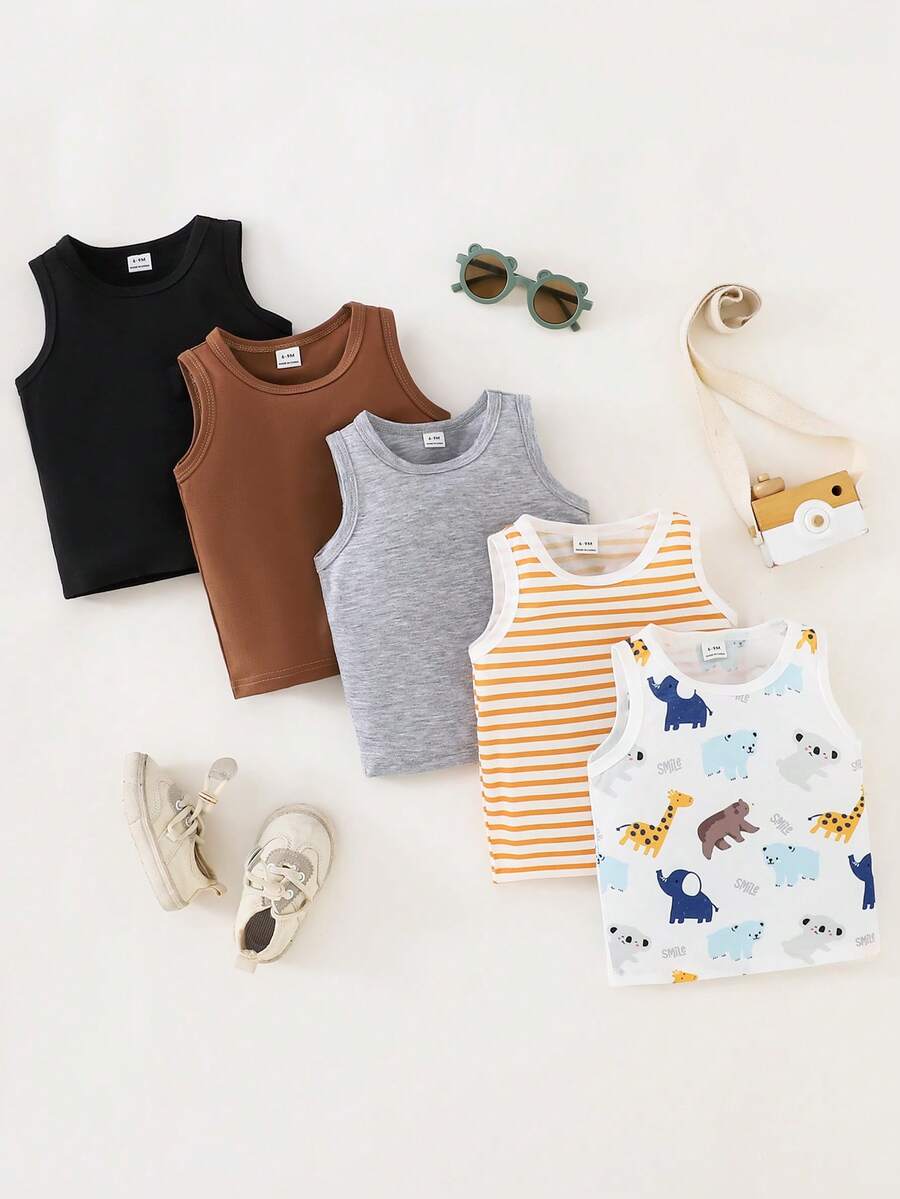 SHEIN Playful Pals 3pcs/Pack Infant Boys' Basic Striped, Solid Color, Round Neck Sleeveless Tops, Summer - Multicolor - View 1