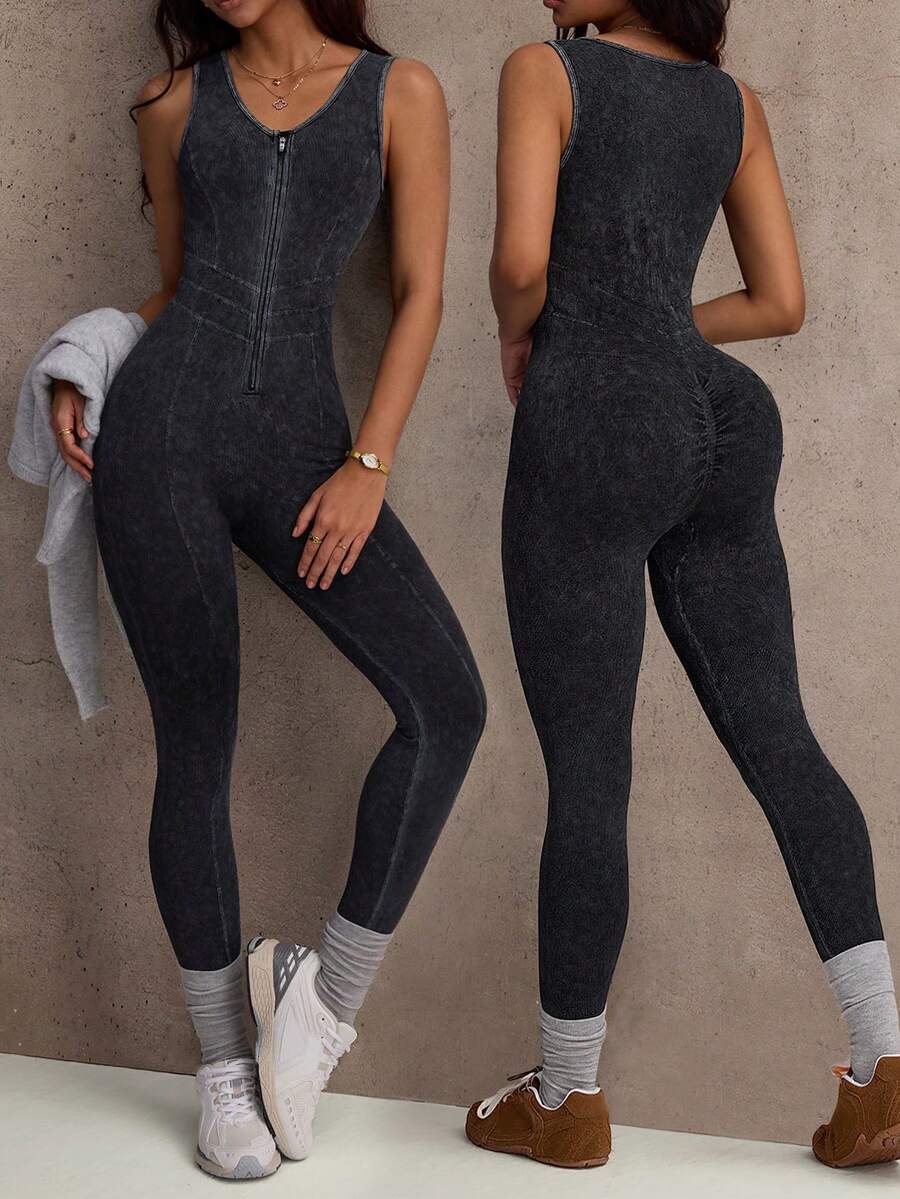 Dewbera 1pc Women's Seamless Sleeveless Washed Matte Textured Contoured Slimming Yoga Running Fitness Exercise Base Layer Cropped Jumpsuit - Black - View 1