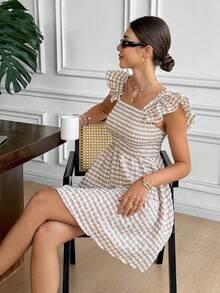 Serisse 女士格子短袖方领休闲迷你连衣裙 - 杏色 - 查看 7