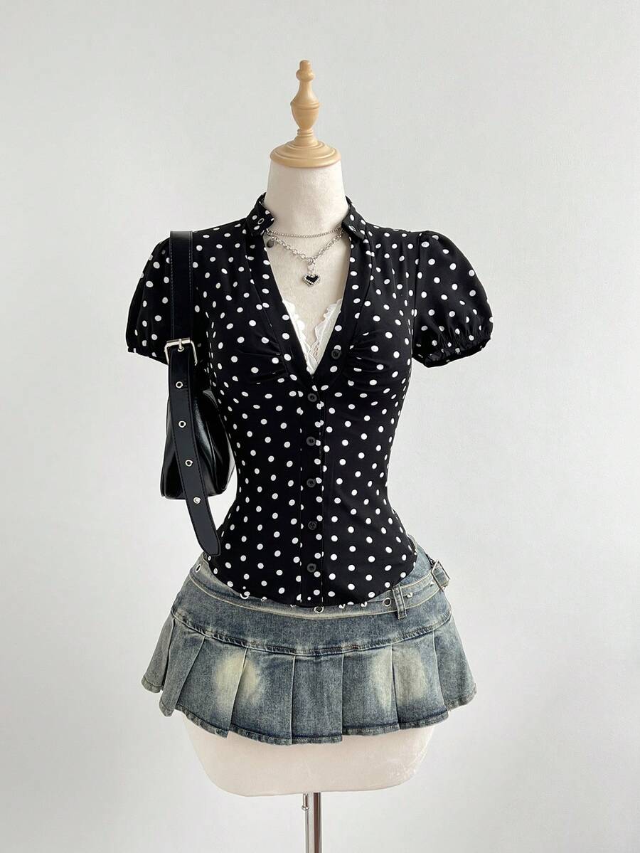 Elamini Women's Polka Dot Metal Hidden Button Pleated Vintage Blouse - Black and White - View 1