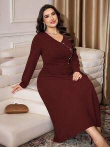 Modelyn Plus Size Coffee Long Sleeve Beaded Pleated Waist A-Line Elegant Dress - Burgundy - View 3